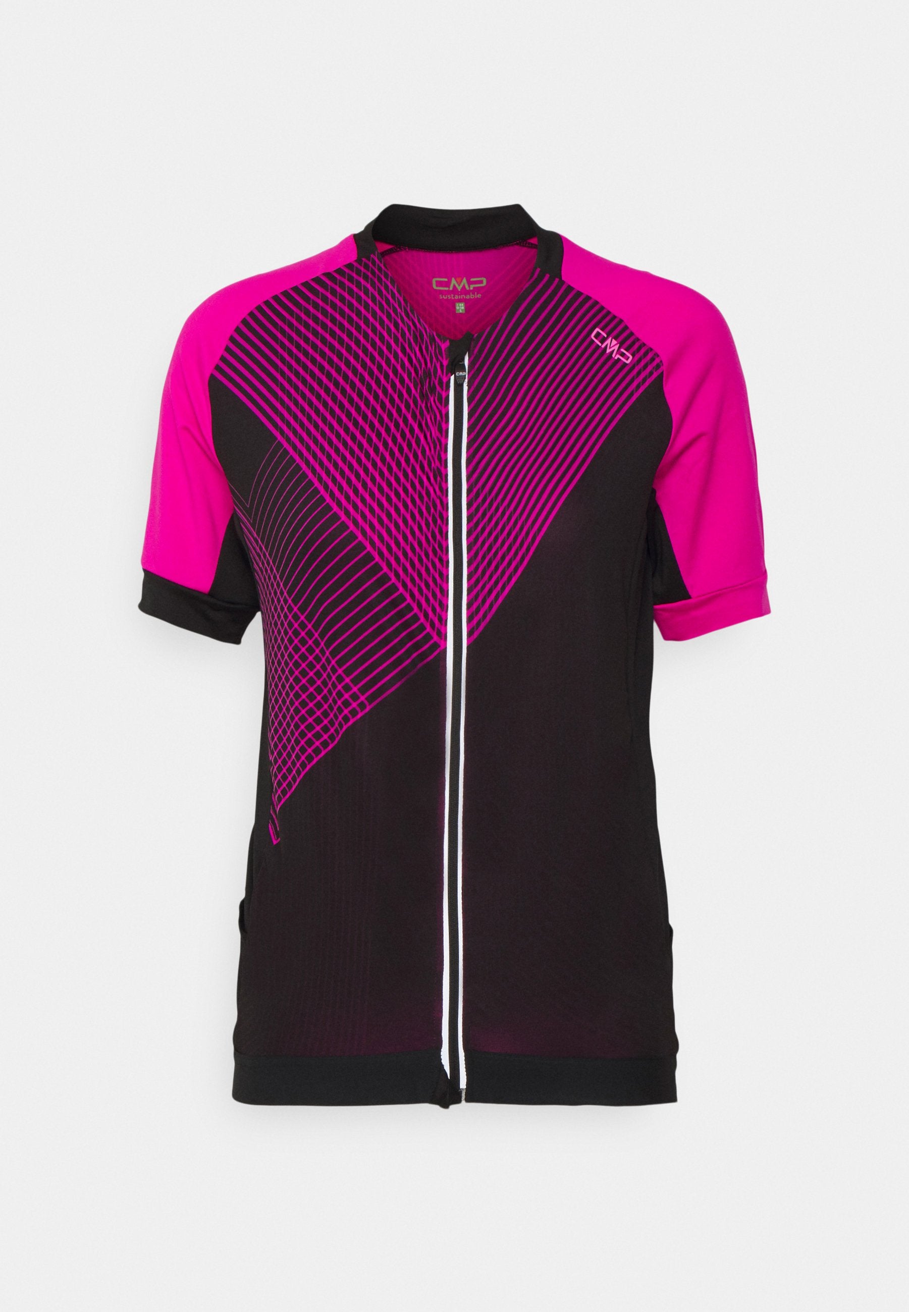 Kurzärmliges Fahrradtrikot in Schwarz und Pink, mit geometrischen Mustern, einem Reißverschluss vorne und einem körpernahen Schnitt. Hergestellt aus leichtem Stoff.