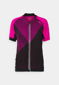 Kurzärmliges Fahrradtrikot in Schwarz und Pink, mit geometrischen Mustern, einem Reißverschluss vorne und einem körpernahen Schnitt. Hergestellt aus leichtem Stoff.
