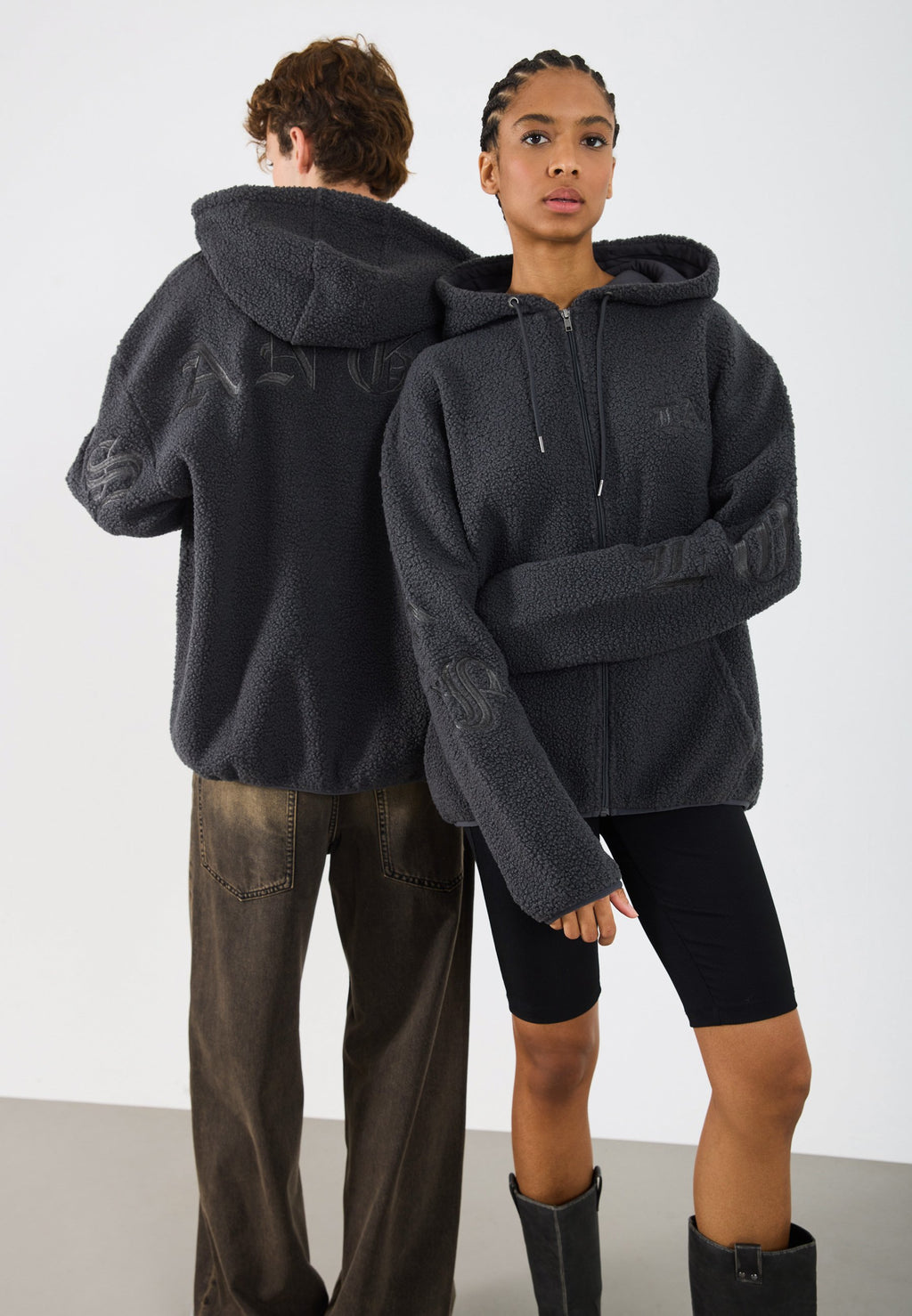 YOURTURN UNISEX TEDDY RELAXED FIT EMBROIDERED HOODIE