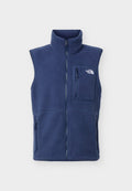 Marineblaue, ärmellose Fleeceweste mit durchgehendem Frontreißverschluss, Reißverschlusstasche auf der Brust, Seitentaschen und The North Face Logo auf der Brusttasche.