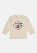 Cremefarbener Sweatshirt mit rundem Halsausschnitt, versehen mit einem Grafikdruck eines Flugzeugs und "TIMBERLAND". Mit Knopfakzenten an der Schulter.