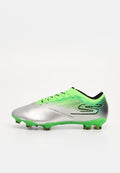 Fußballschuh in Silber mit einer strukturierten Oberseite und grünen Akzenten. Verfügt über ein schlankes Design, einen schwarzen Kragen und strategisch platzierte Stollen.