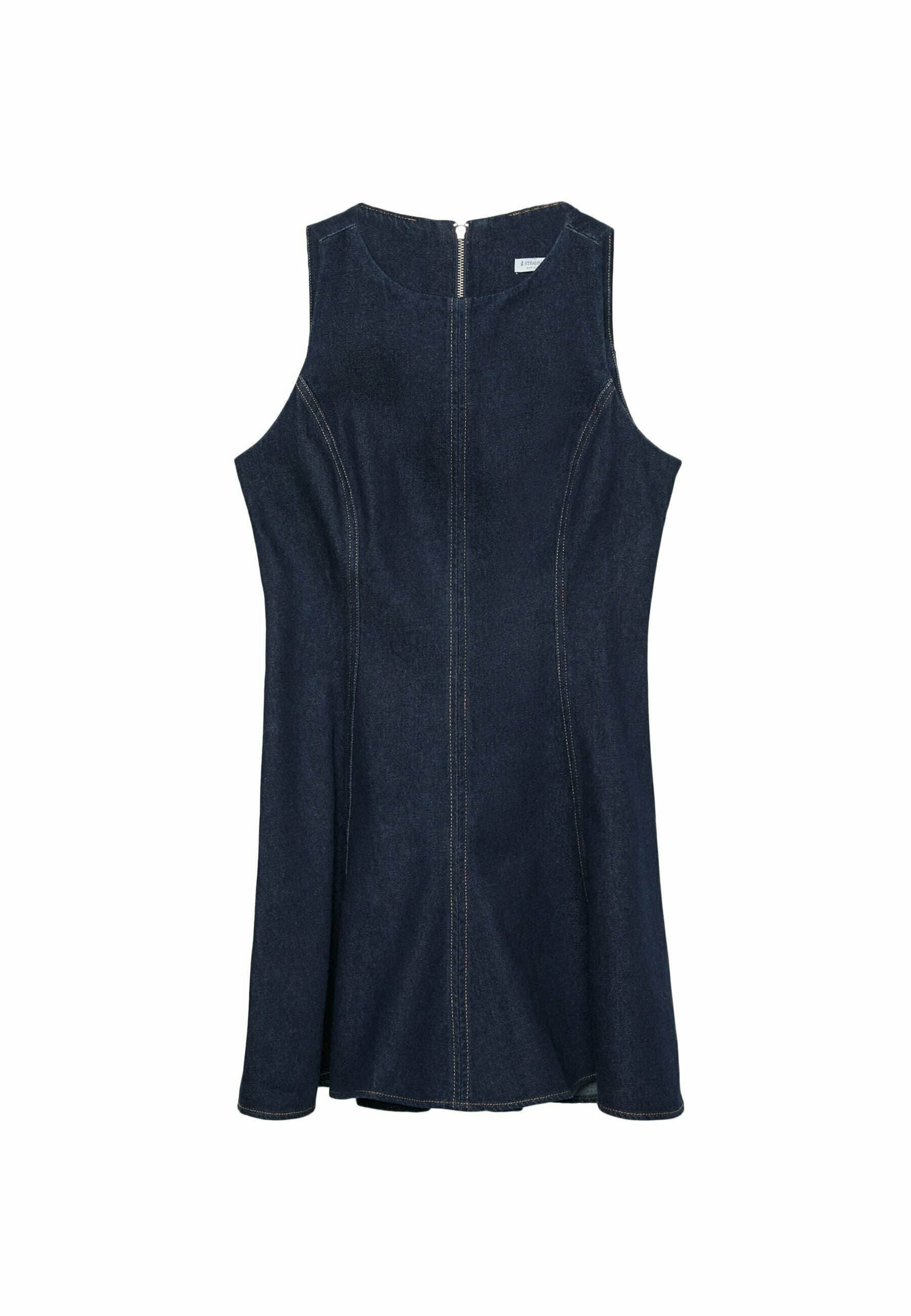 Ärmelloses Jeanskleid in dunkelbblau, mit tailliertem Oberteil, ausgestelltem Rock und kontrastierenden gelben Nähten. Mit Reißverschluss hinten.