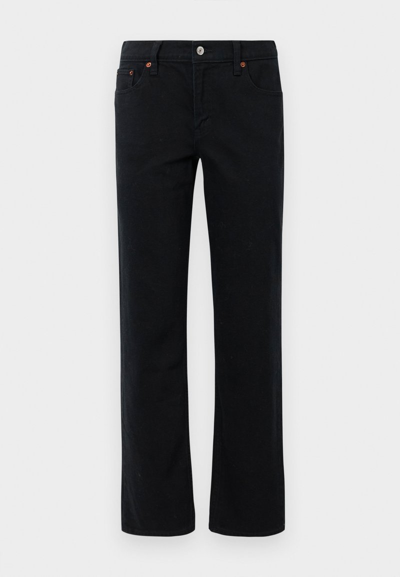 Schwarze Straight-Leg-Jeans mit Vorder- und Hintertaschen, Gürtelschlaufen, Knopfverschluss und Kupfernieten.