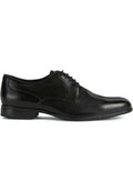 Schwarze Leder-Herrenschuhe mit glatter Oberfläche, abgerundeter Zehenpartie und Schnürung. Sie verfügen über einen niedrigen Absatz und dezente Nahtdetails an den Seiten.