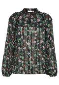 Bluse mit Blumenmuster, puffigen Ärmeln, hohem Ausschnitt und schwarzem Hintergrund mit grünen, orangefarbenen und weißen Blumenmustern. Strukturierter Stoff.