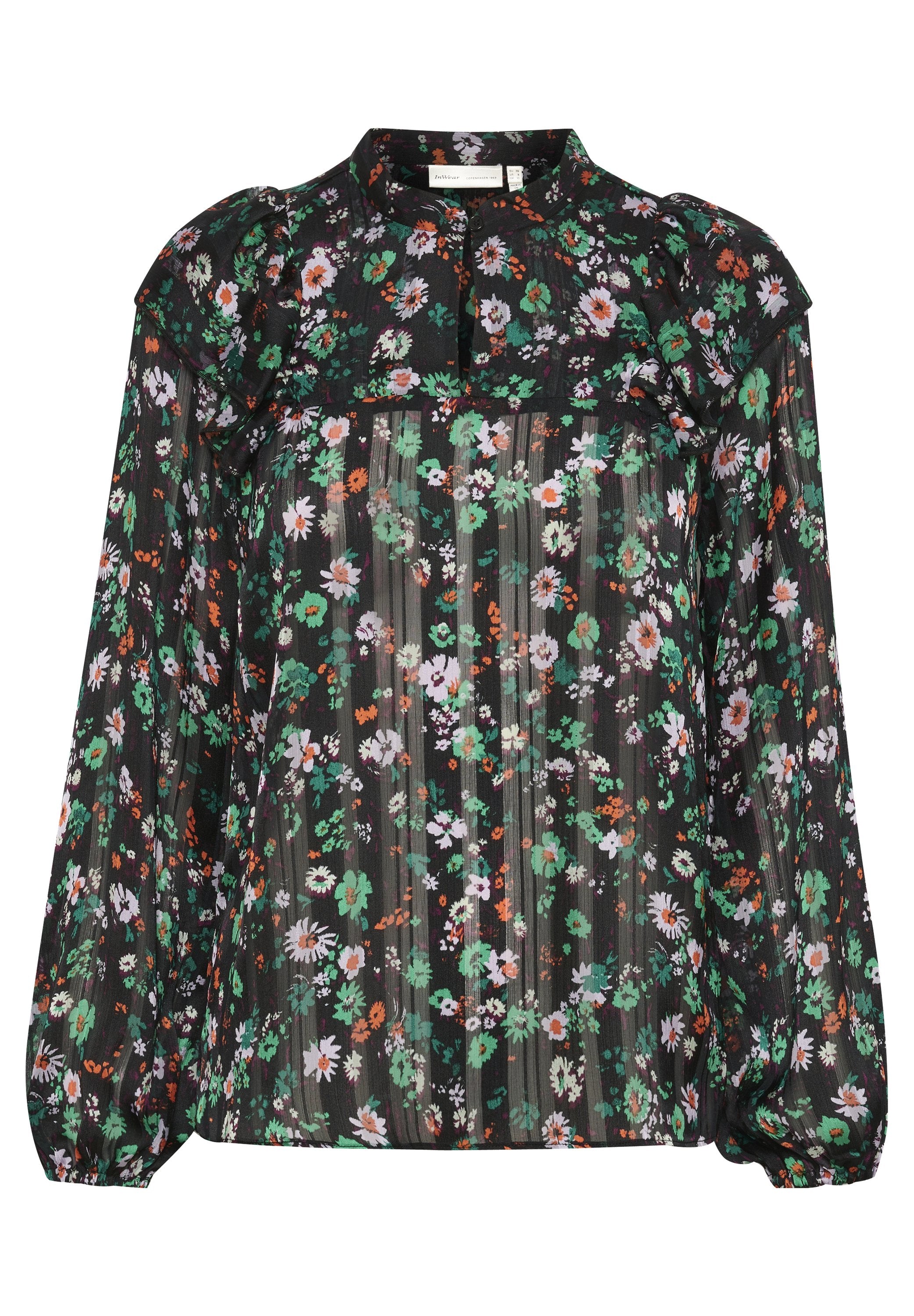 Bluse mit Blumenmuster, puffigen Ärmeln, hohem Ausschnitt und schwarzem Hintergrund mit grünen, orangefarbenen und weißen Blumenmustern. Strukturierter Stoff.