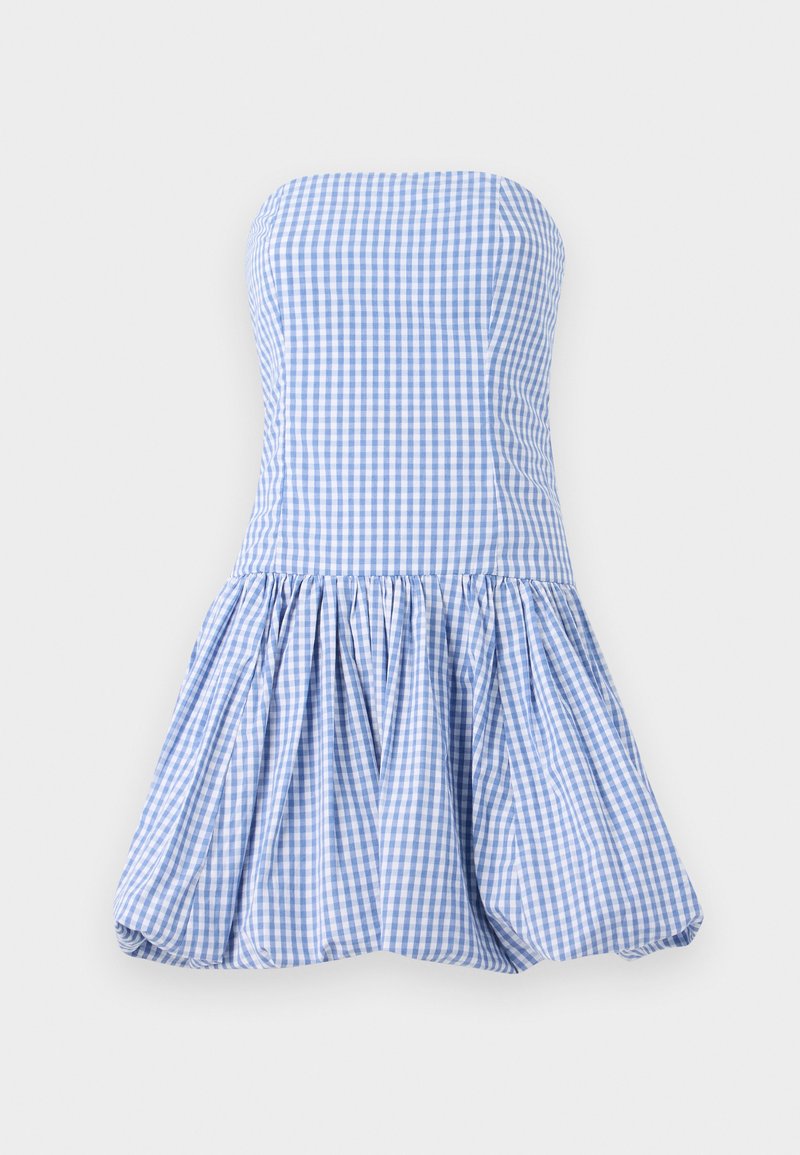 Trägerloses Kleid im blau-weißen Karomuster, mit einem taillierten Oberteil und einem weit schwingenden, gerafften Rock mit einer strukturierten Oberfläche.