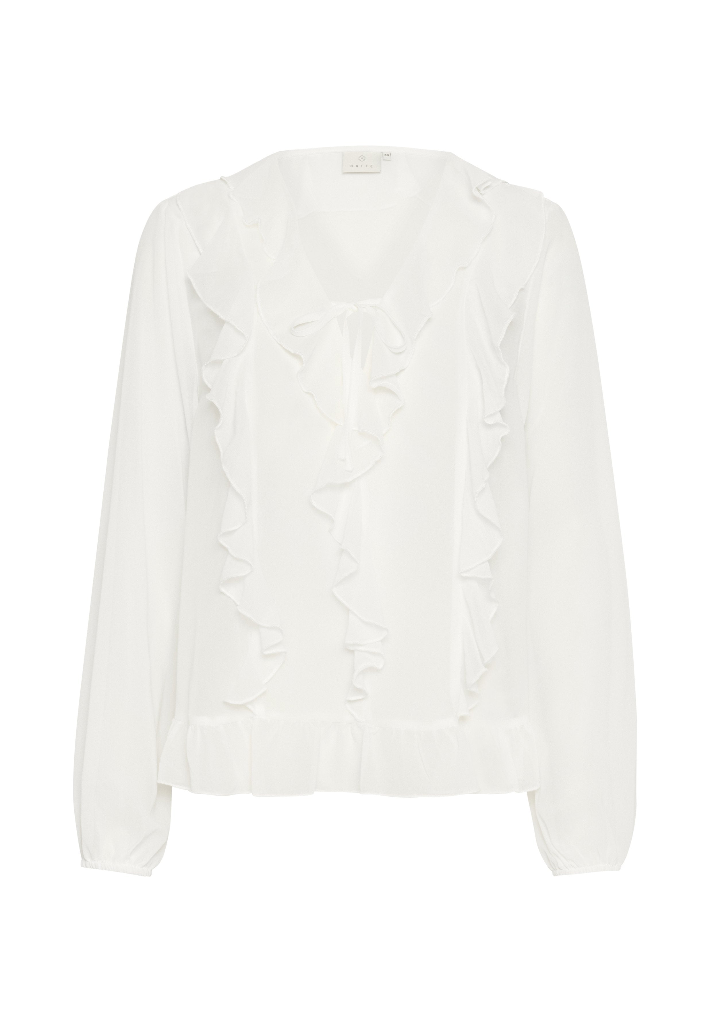 Weiße Bluse aus leichtem Stoff mit Rüschendetails entlang des Kragens und an der Vorderseite, mit langen Ärmeln und einem rüschierten Saum.