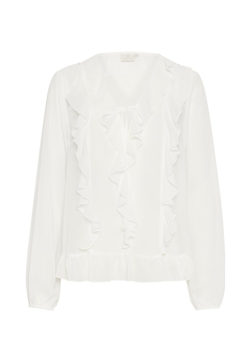 Weiße Bluse aus leichtem Stoff mit Rüschendetails entlang des Kragens und an der Vorderseite, mit langen Ärmeln und einem rüschierten Saum.
