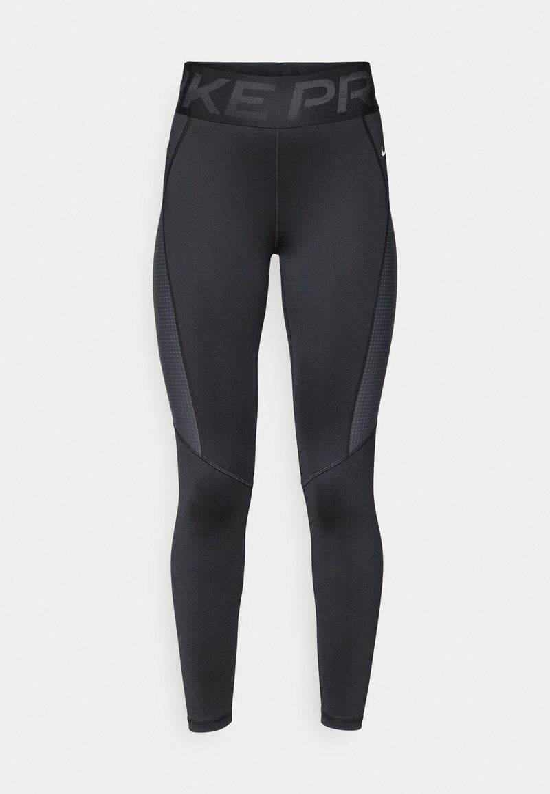 Schwarze sportliche Leggings mit strukturiertem seitlichem Einsatz, hohem elastischem Taillenbund mit "NIKE PRO"-Markierung und figurbetonter Passform.