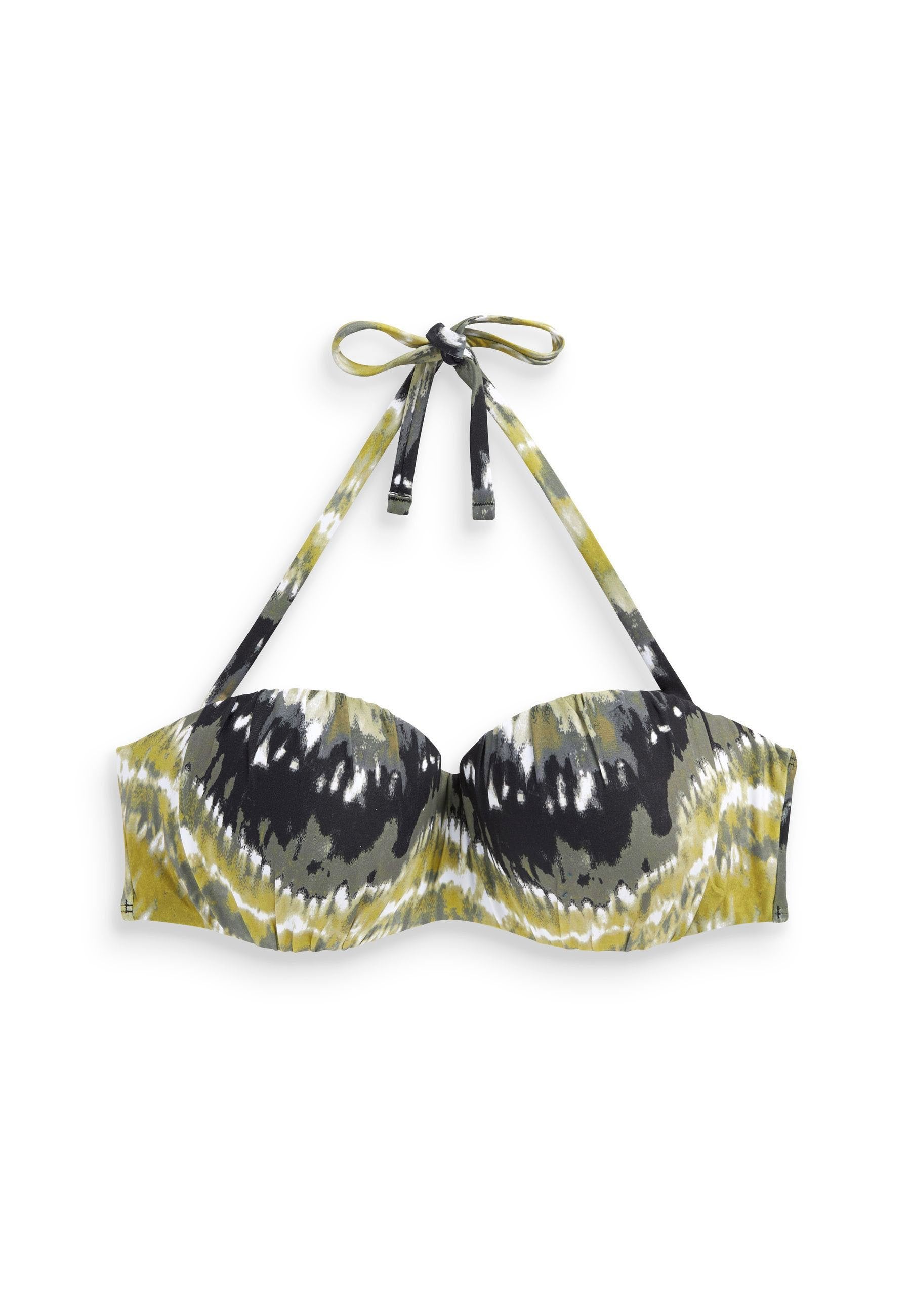 Bikini-Oberteil im Batikmuster mit grünen, gelben und schwarzen Farben. Weicher Stoff mit Unterstützung durch Bügel und verstellbaren Halterträgern.