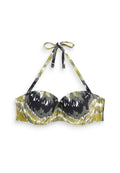Bikini-Oberteil im Batikmuster mit grünen, gelben und schwarzen Farben. Weicher Stoff mit Unterstützung durch Bügel und verstellbaren Halterträgern.