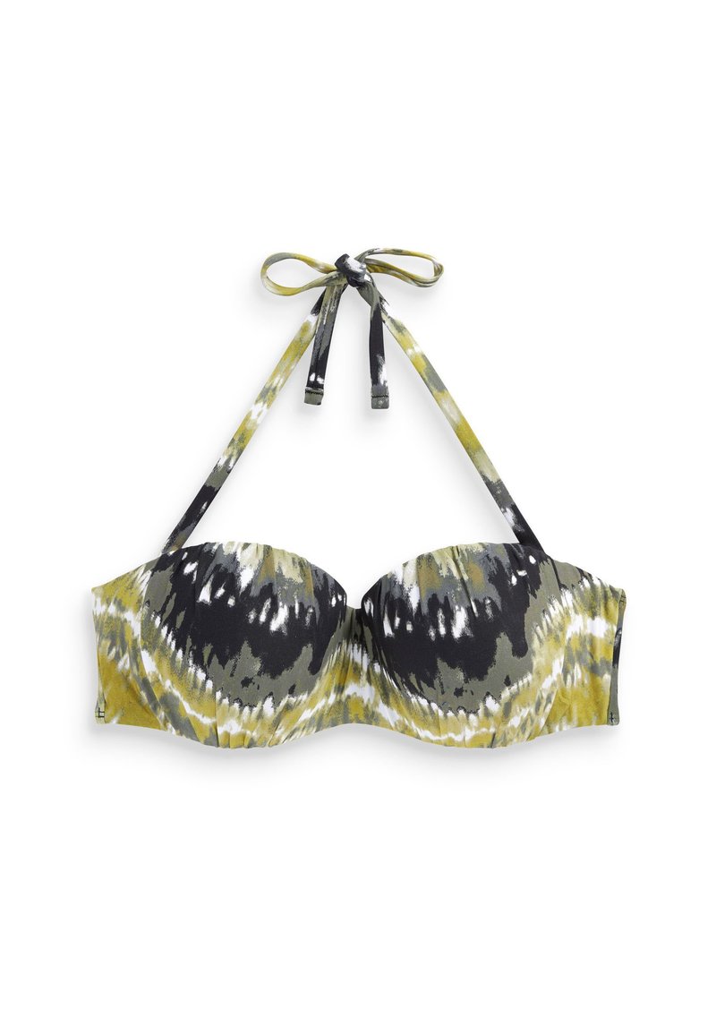 Bikini-Oberteil im Batikmuster mit grünen, gelben und schwarzen Farben. Weicher Stoff mit Unterstützung durch Bügel und verstellbaren Halterträgern.