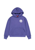 Lila Kapuzenpullover aus Baumwolle mit einer vorderen Tasche, Kordelzugkapuze und einem weißen, runden Logo auf der linken Brust. Weicher Stoff.