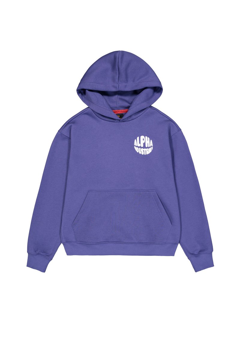 Lila Kapuzenpullover aus Baumwolle mit einer vorderen Tasche, Kordelzugkapuze und einem weißen, runden Logo auf der linken Brust. Weicher Stoff.
