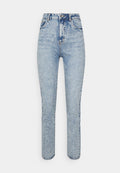 Helleblaue hochtaillierte Jeans aus Denim, mit geradem Bein, Fünf-Taschen-Design und subtilen Verblassungen im Stoff.