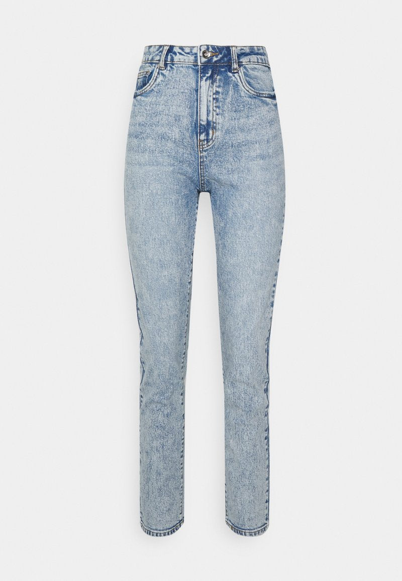 Helleblaue hochtaillierte Jeans aus Denim, mit geradem Bein, Fünf-Taschen-Design und subtilen Verblassungen im Stoff.