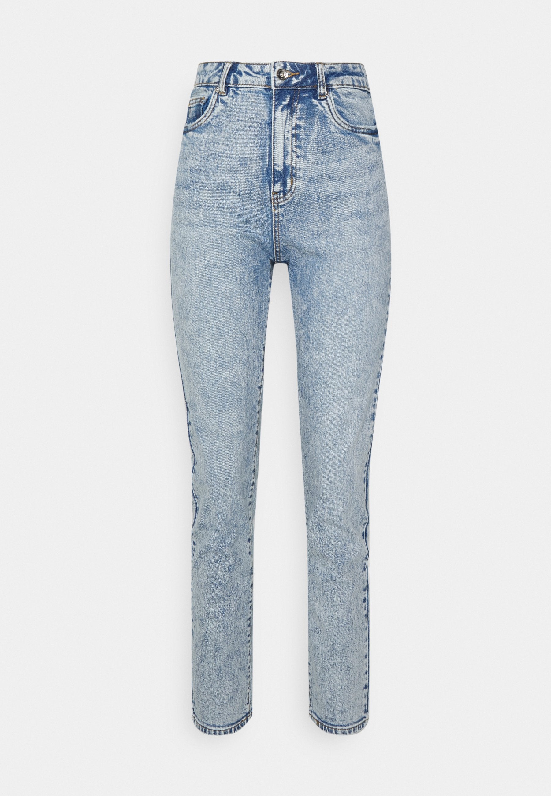 Helleblaue hochtaillierte Jeans aus Denim, mit geradem Bein, Fünf-Taschen-Design und subtilen Verblassungen im Stoff.