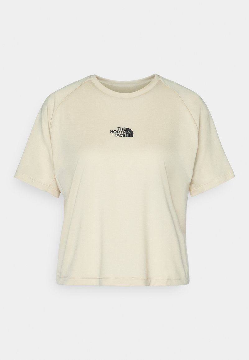 Cremfarbendes T-Shirt mit kurzem Arm, rundem Halsausschnitt und Raglanärmeln. Mit einem schwarzen gestickten Logo auf der oberen Brust.