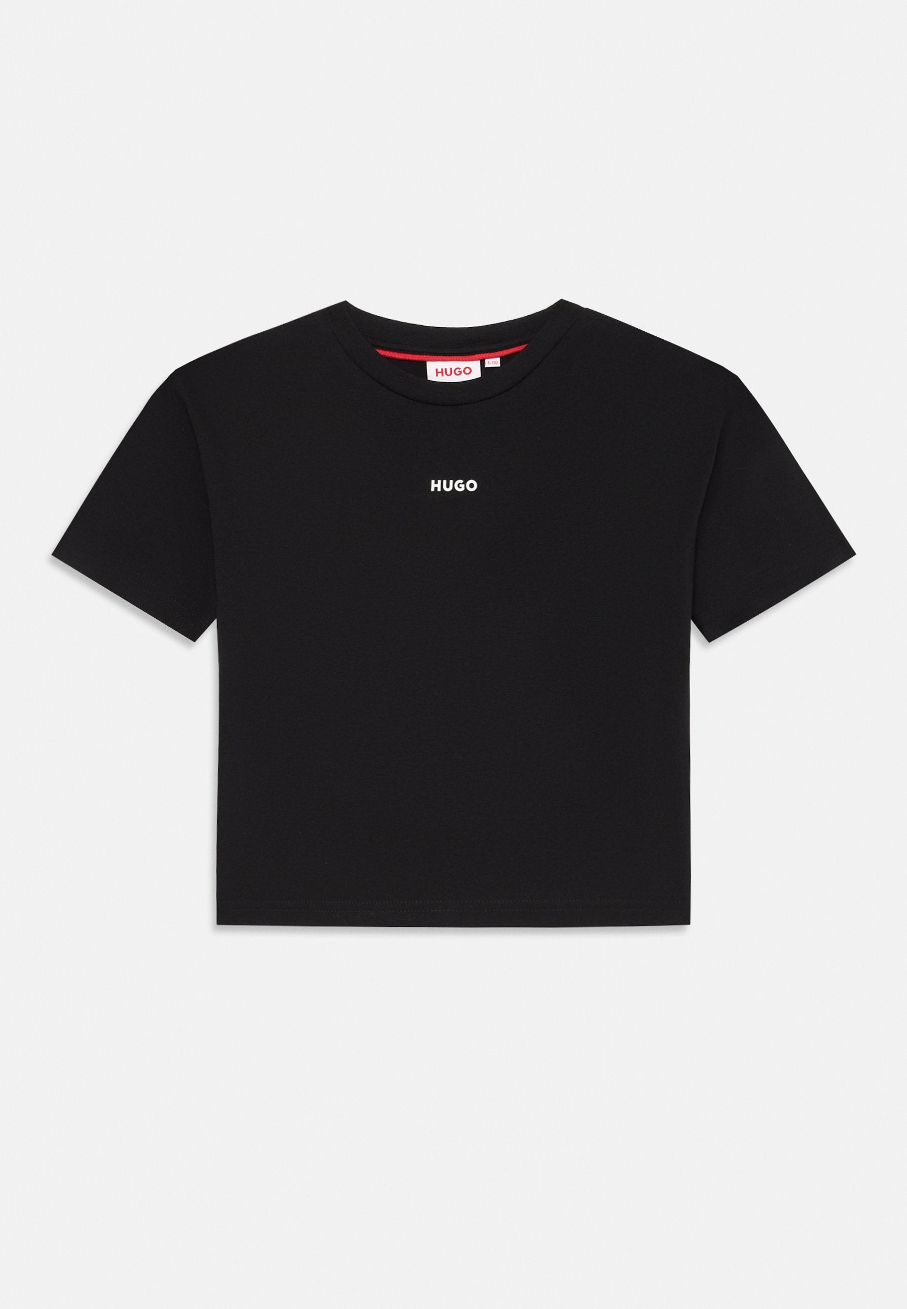 Schwarzes, kurzes T-Shirt aus Baumwolle. Mit kurzen Ärmeln und Rundhalsausschnitt. "HUGO"-Logo in Weiß auf der Brust gedruckt.