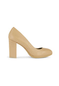 Beige Leder-Pumps mit hohen Absätzen und runder Zehenpartie, ausgestattet mit einem Blockabsatz und einer glatten Textur, die für Stabilität und Komfort sorgt.