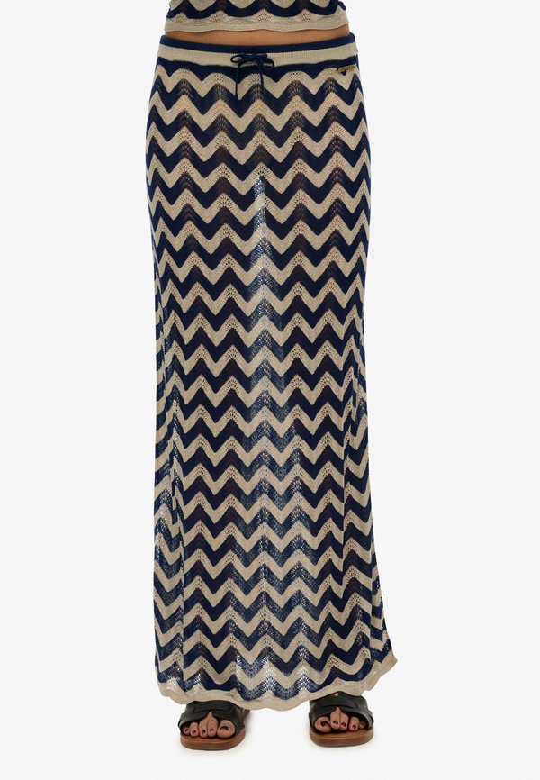 Superdry & Co ZIGZAG COLUMN  - Maxi skirt - navy gold zigzag