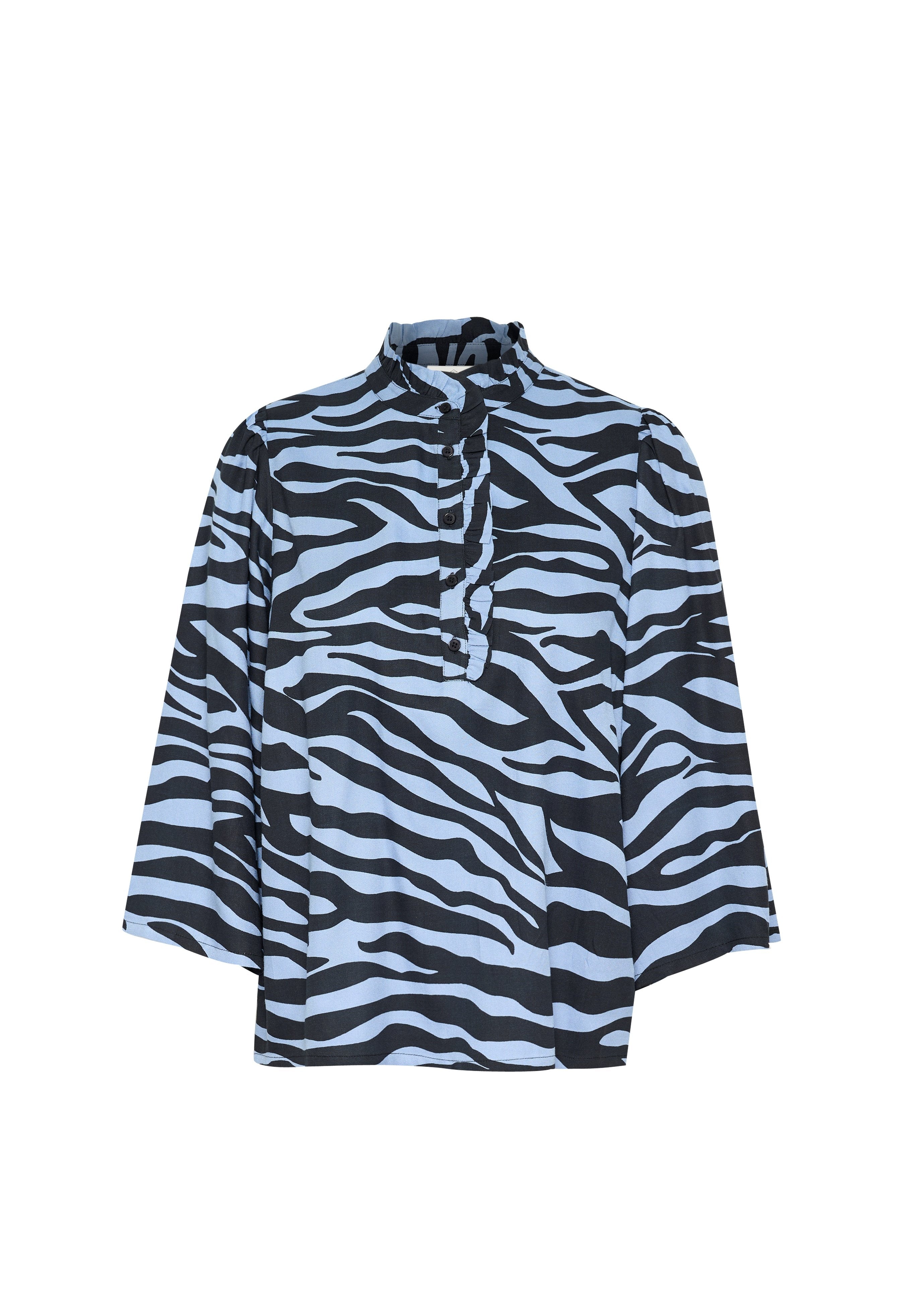 Blaue und schwarze Bluse mit Zebramuster, hohen Kragen und durchgehender Knopfleiste. Verfügt über lange Ärmel und einen lässigen Schnitt.