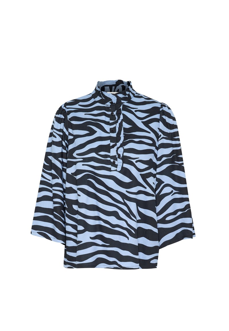 Blaue und schwarze Bluse mit Zebramuster, hohen Kragen und durchgehender Knopfleiste. Verfügt über lange Ärmel und einen lässigen Schnitt.