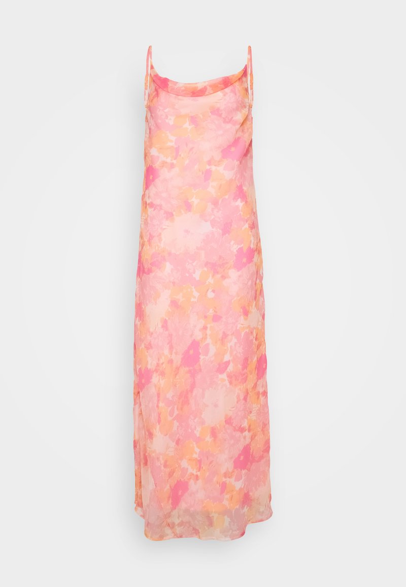 Satin-Blumenkleid in verschiedenen Rosa- und Pfirsichtönen, mit verstellbaren Spaghetti-Trägern und einem lockeren, fließenden Schnitt. Leichter, halbtransparenter Stoff.