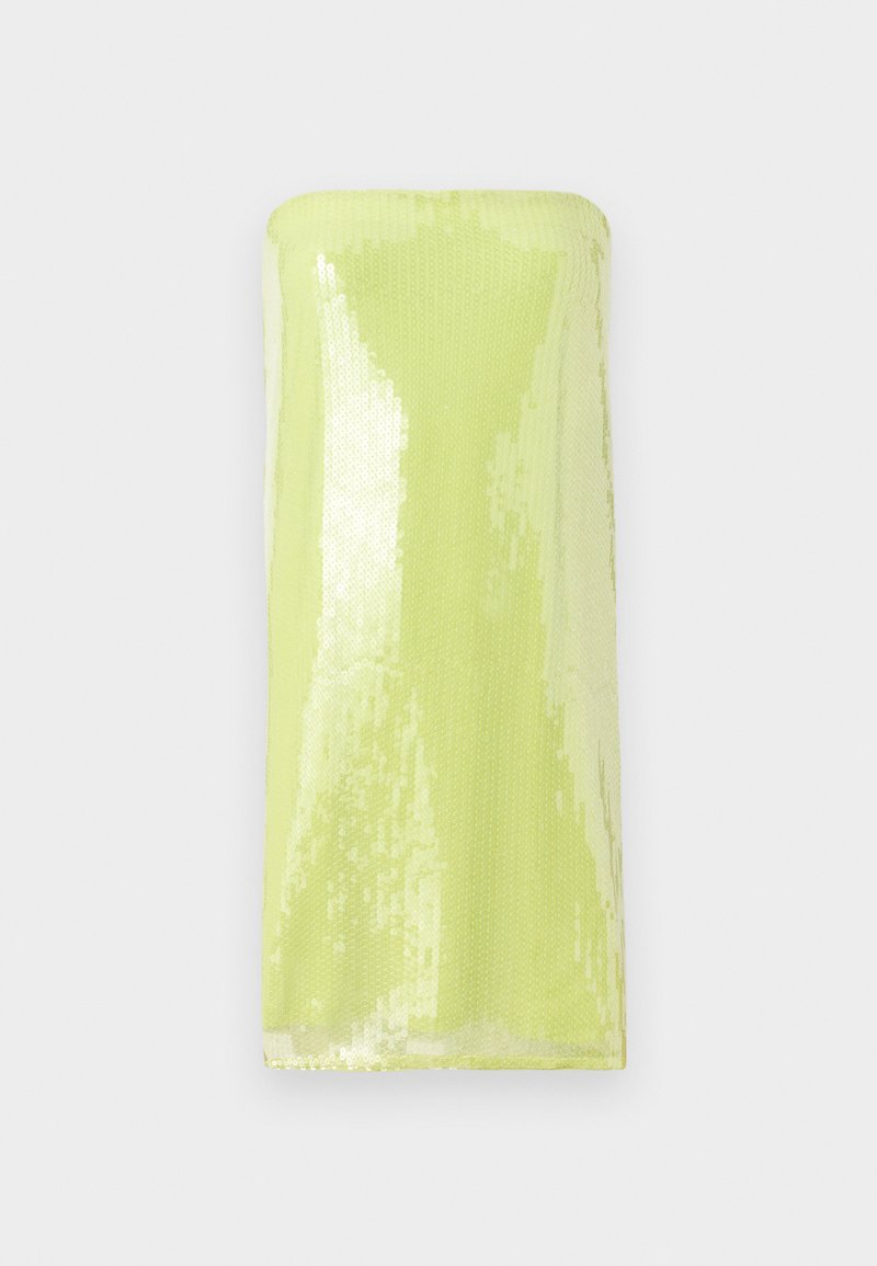 Glänzendes, limettengrünes, trägerloses Oberteil, das mit Pailletten bedeckt ist. Glatte Textur mit einem figurbetonten, röhrenähnlichen Design und einem geraden Ausschnitt.