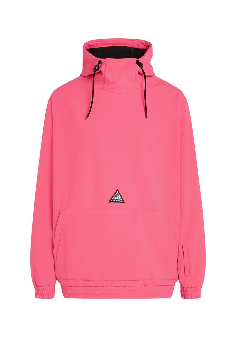 Rosa Pulloverjacke mit hohem Kragen, verstellbaren Kordeln, Vordertasche und elastischen Bündchen. Mit einem dreieckigen Logo auf der Brust.
