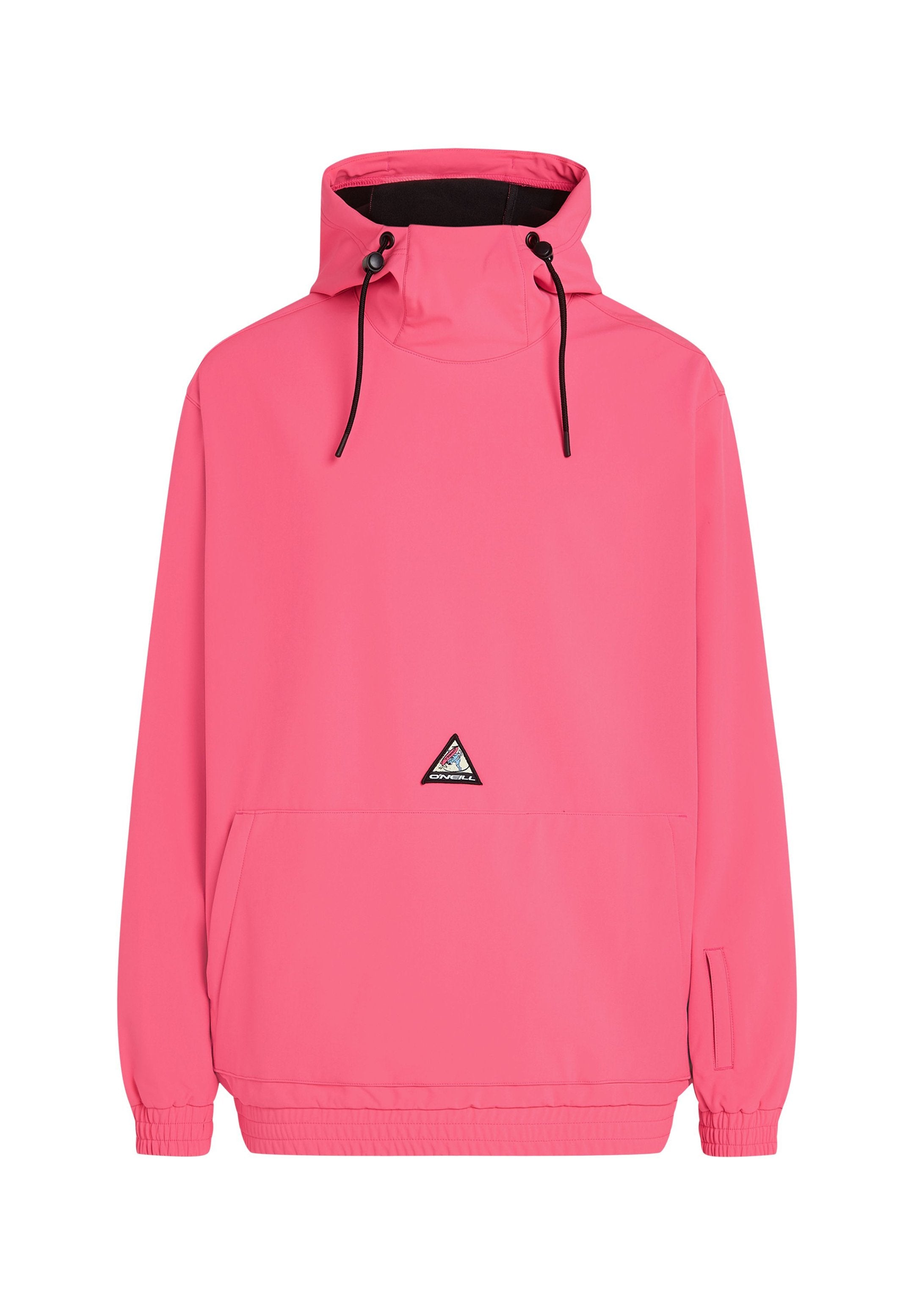 Rosa Pulloverjacke mit hohem Kragen, verstellbaren Kordeln, Vordertasche und elastischen Bündchen. Mit einem dreieckigen Logo auf der Brust.