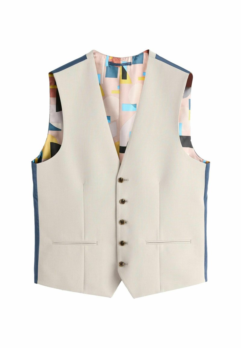 Hellbeige Weste mit V-Ausschnitt, fünf braunen Knöpfen und blauen Seitenakzenten. Gefüttert mit einem bunten geometrischen Muster.