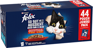 Nassfutter Katze, Geschmacksvielfalt vom Land mit Rind, Huhn, Ente & Lamm in Gelee, Multipack (44x85 g) Felix