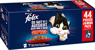 Nassfutter Katze, Geschmacksvielfalt vom Land mit Rind, Huhn, Ente & Lamm in Gelee, Multipack (44x85 g) Felix