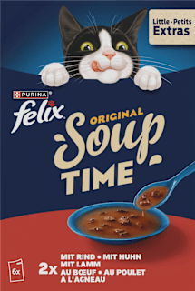 Nassfutter Katze mit Rind, Huhn & Lamm, Original Soup Time Multipack (6x48 g) Felix