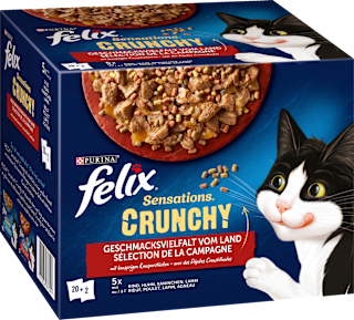 Nassfutter Katzen, Crunchy Geschmacksvielfalt vom Land, Multipack (20x85g + 2x40g) Felix
