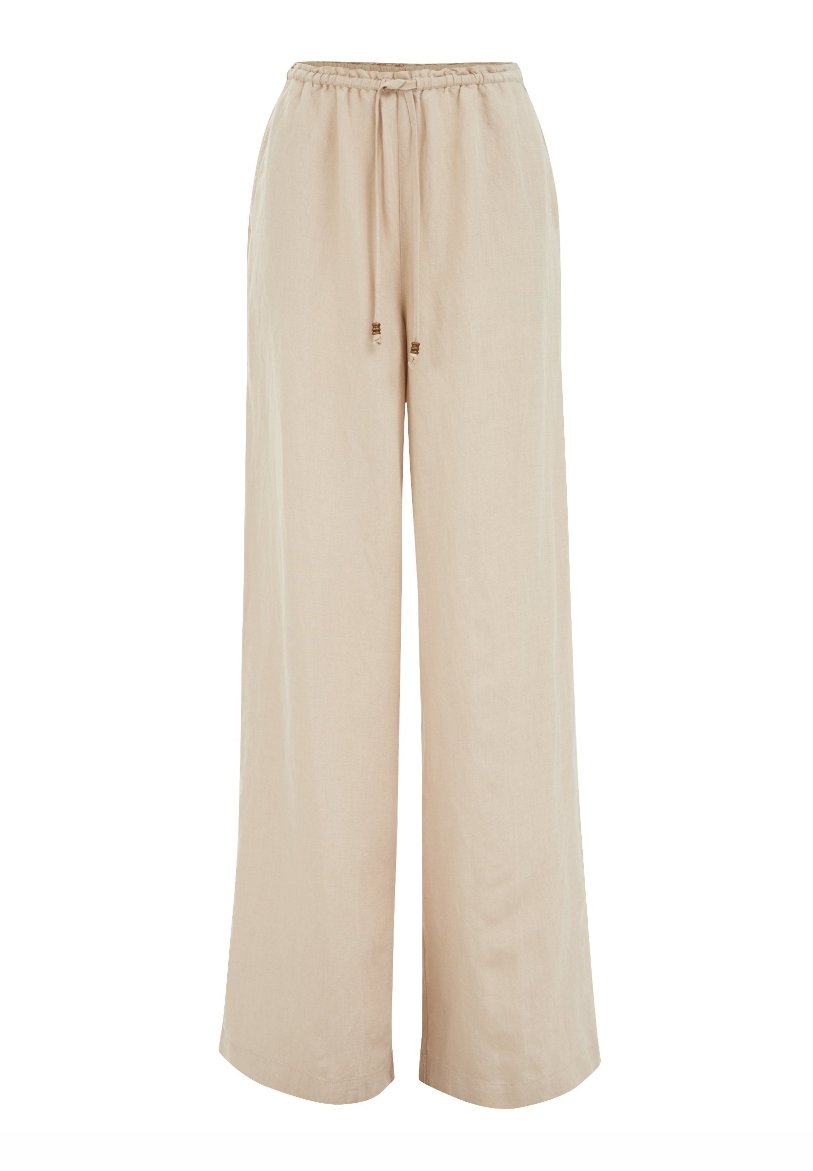 Beige, weite Hosen aus weichem Stoff. Sie verfügen über ein elastisches Bündchen mit Kordelzug und kleinen metallischen Akzenten.