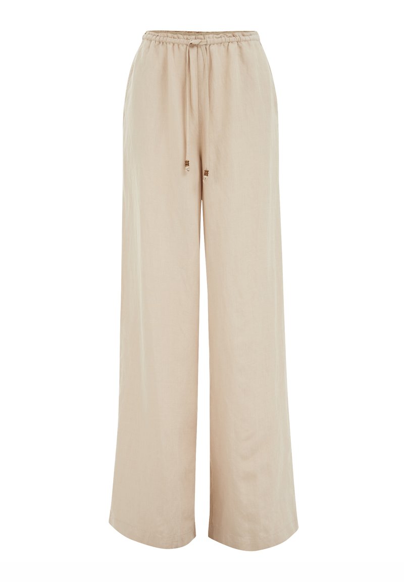 Beige, weite Hosen aus weichem Stoff. Sie verfügen über ein elastisches Bündchen mit Kordelzug und kleinen metallischen Akzenten.