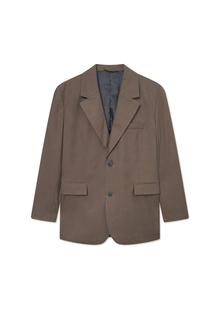 Braune karierte Blazerjacke mit Reverskragen, zwei Fronttaschen und einem einzelnen Knopfverschluss. Innenfutter aus einfarbigem grauem Stoff.