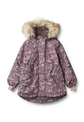 Lila gepunktete, gepolsterte Jacke mit einer Kapuze aus Kunstfell, elastischen Bündchen und zwei vorderen Taschen. Wasserabweisendes Material.