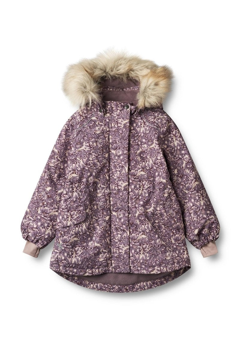 Lila gepunktete, gepolsterte Jacke mit einer Kapuze aus Kunstfell, elastischen Bündchen und zwei vorderen Taschen. Wasserabweisendes Material.