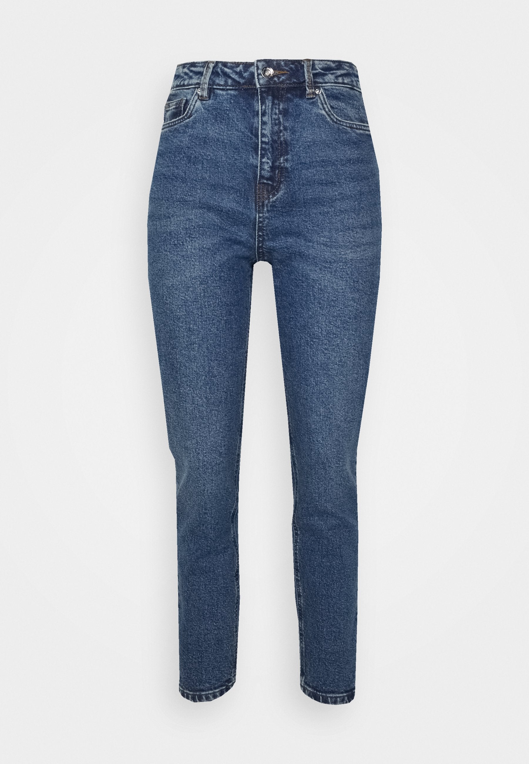 Hoch taillierte Jeans aus Denim in Dunkelblau. Verfügt über fünf Taschen, sichtbare Nähte und einen Knopfverschluss. Glatte Textur mit leichter Ausbleichung.