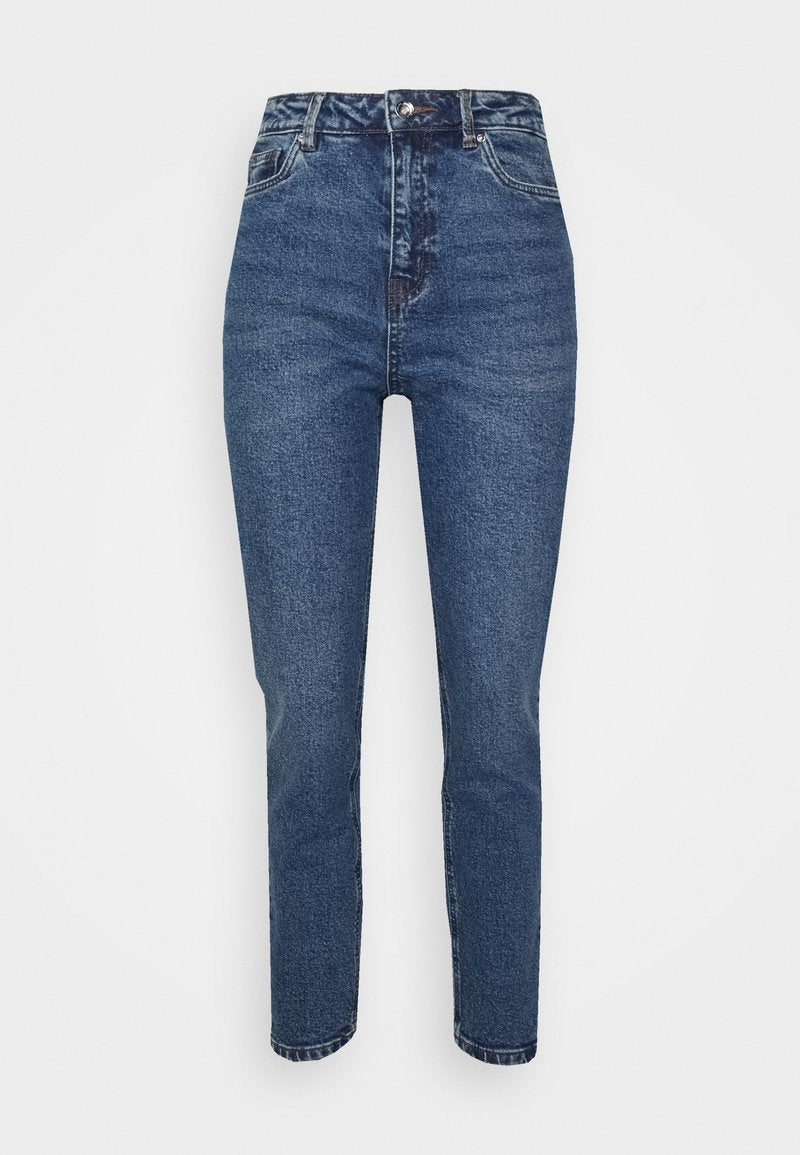 Hoch taillierte Jeans aus Denim in Dunkelblau. Verfügt über fünf Taschen, sichtbare Nähte und einen Knopfverschluss. Glatte Textur mit leichter Ausbleichung.