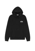 Schwarzer Hoodie aus weichem Stoff mit Kordelzug, Fronttasche und weißem "LES DEUX"-Logo auf der Brust. Normale Passform, gerippte Bündchen.