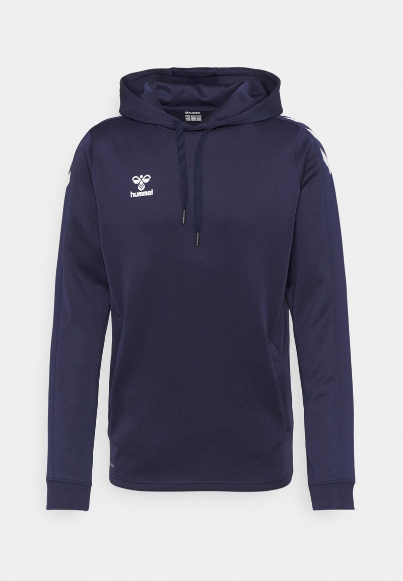 Marineblaues Kapuzen-Sweatshirt aus glattem Stoff. Verfügt über eine frontale Kängurutasche, lange Ärmel, eine Kapuze mit Kordelzug und ein Logo auf der Brust.