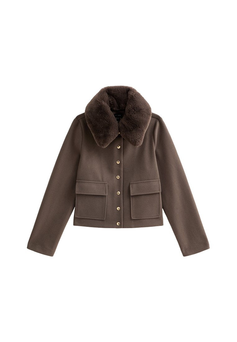 Braune cropped Jacke mit einem Fellkragen, goldenen Knopfverschluss und zwei Fronttaschen, gefertigt aus weichem, gewebtem Stoff.