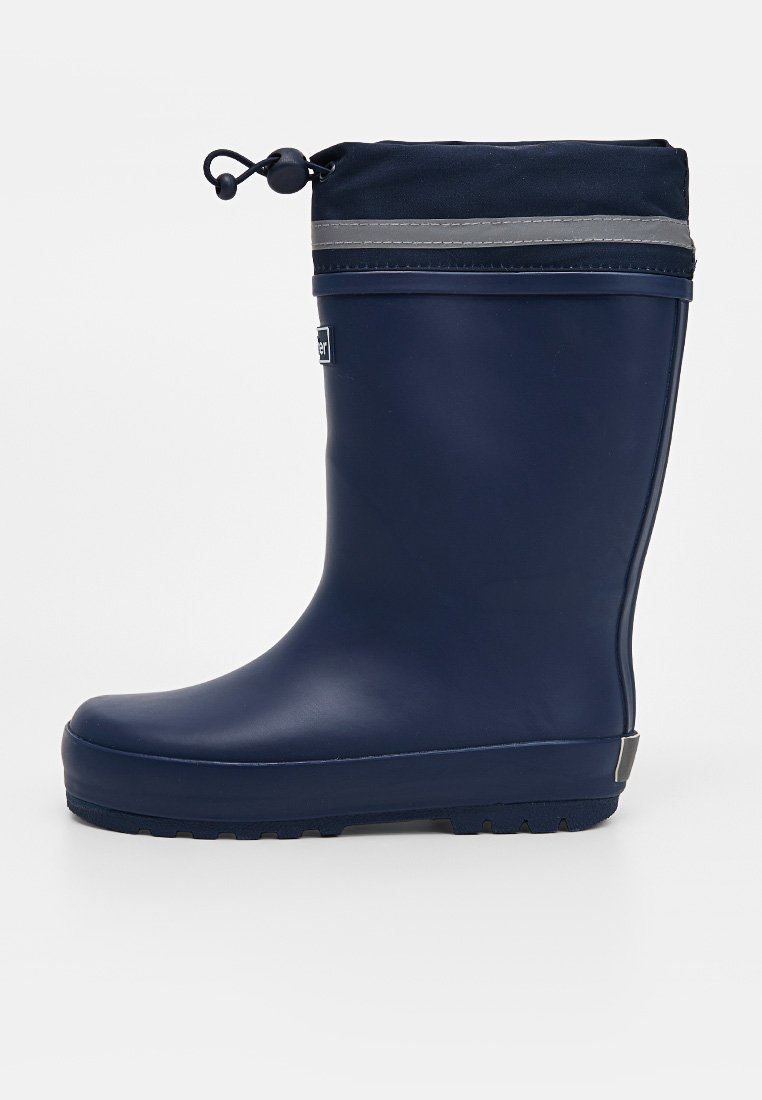Marineblaue wasserdichte Gummistiefel mit Kordelzugverschluss am Schaft und reflektierendem Streifen nahe der Oberseite, entwickelt für nasse Bedingungen.