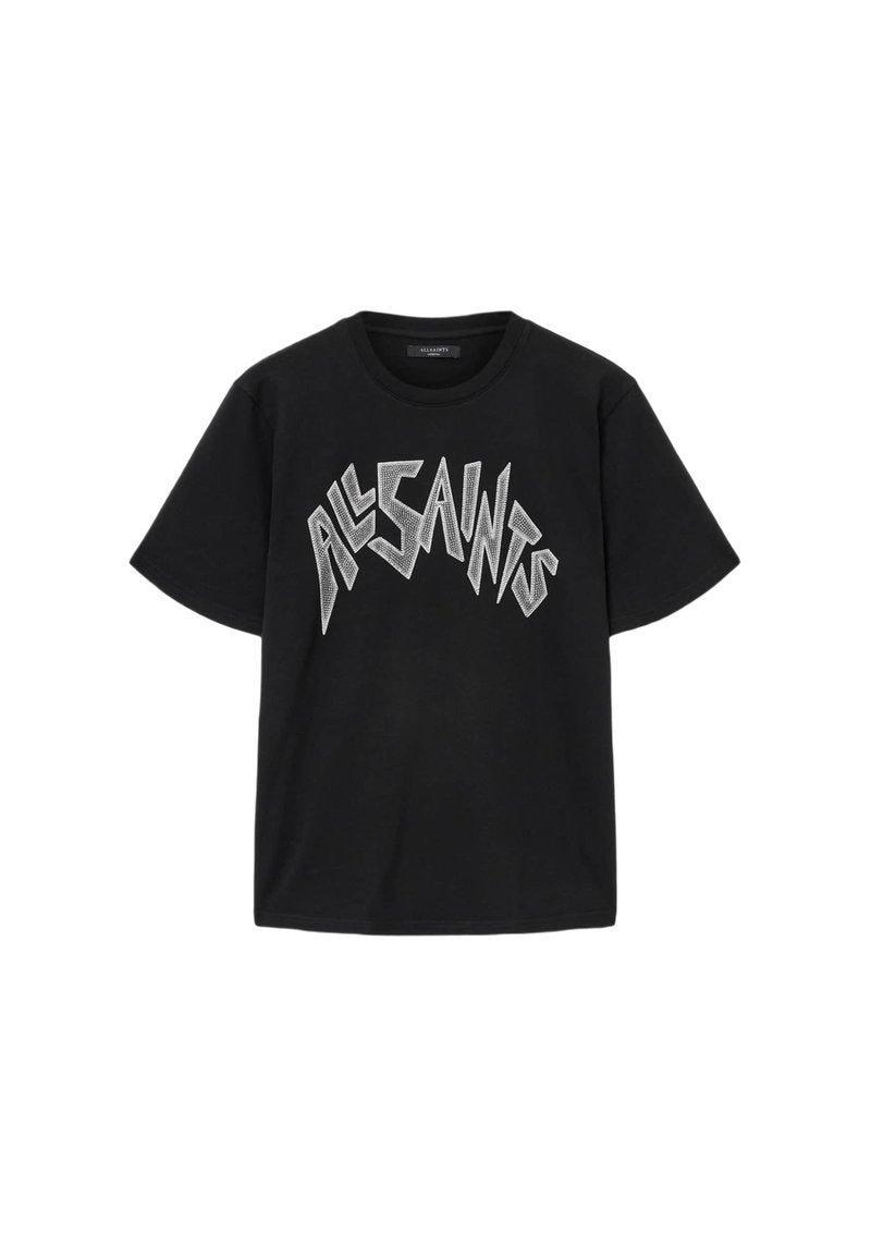Schwarzes Baumwoll-T-Shirt mit kurzen Ärmeln und Rundhalsausschnitt, ausgestattet mit einem auffälligen, grafischen "ALLSAINTS"-Logo in Silber.
